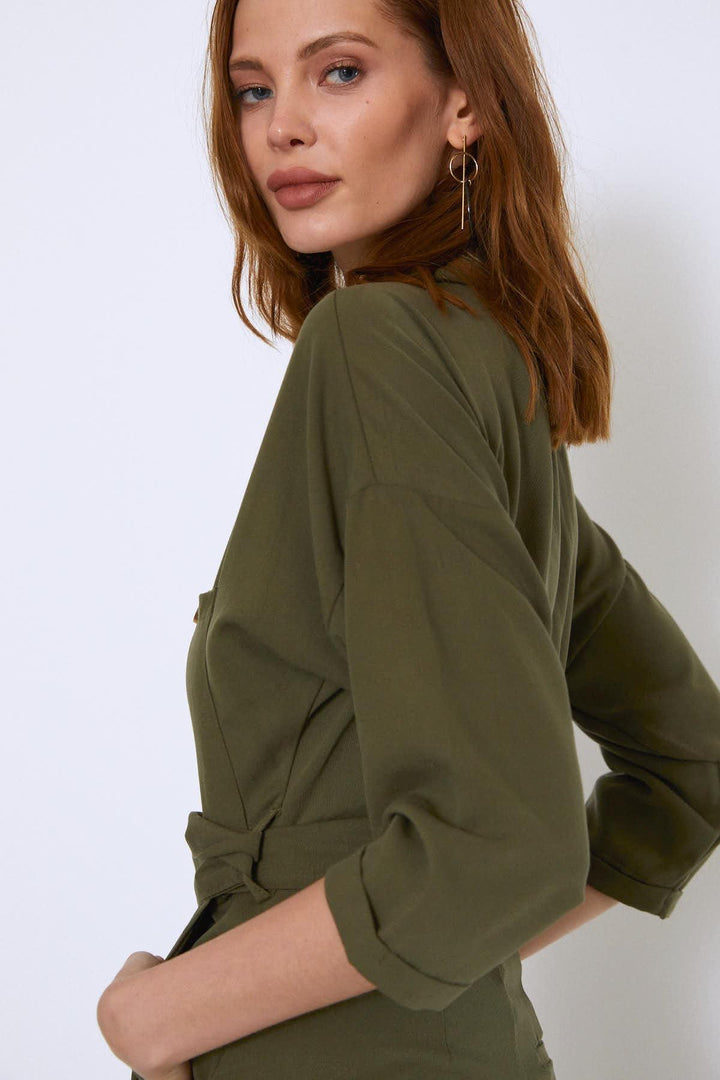 Beli Kuşaklı V Yaka Tulum Haki