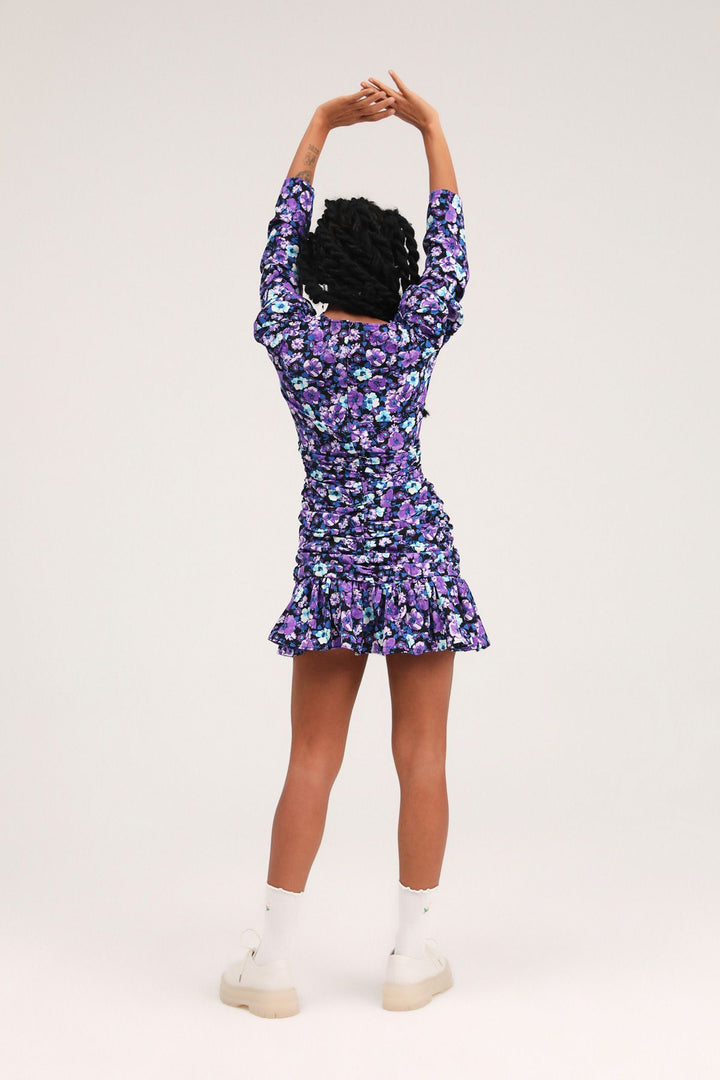 Floral Pleated Balloon Sleeve Dress Purple