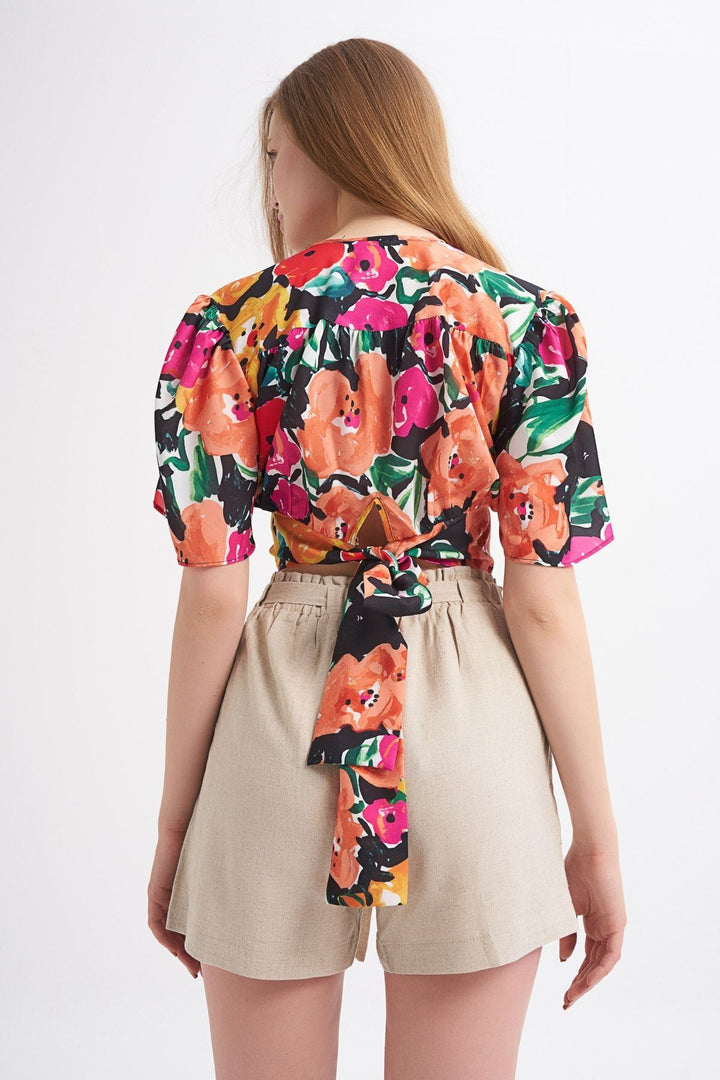 Patterned Tie Back Flywheel Sleeve Blouse Orange