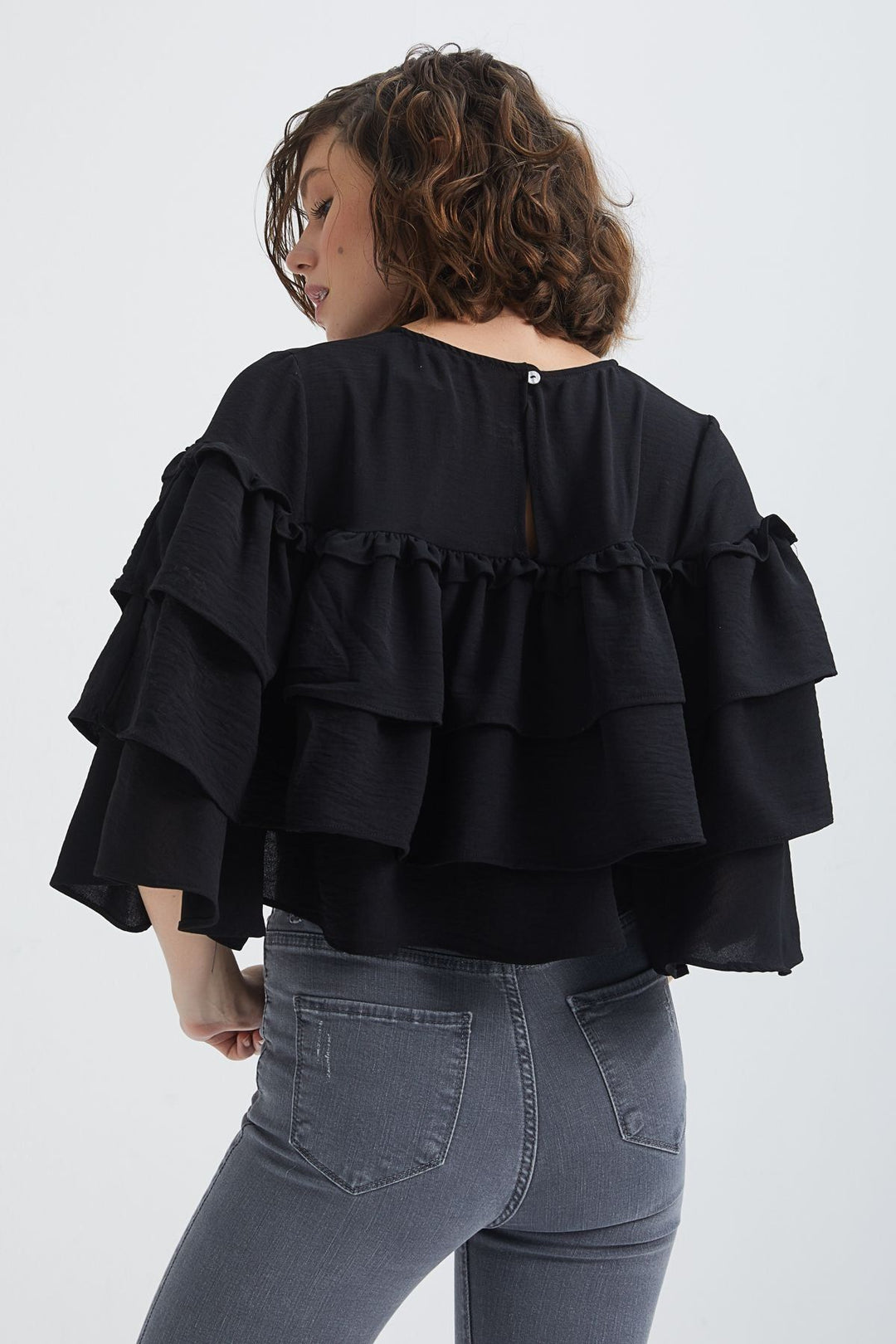 Ruffle Crop Blouse Black – QUZU