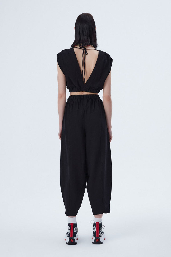 Elastic Waist Linen Trousers Black
