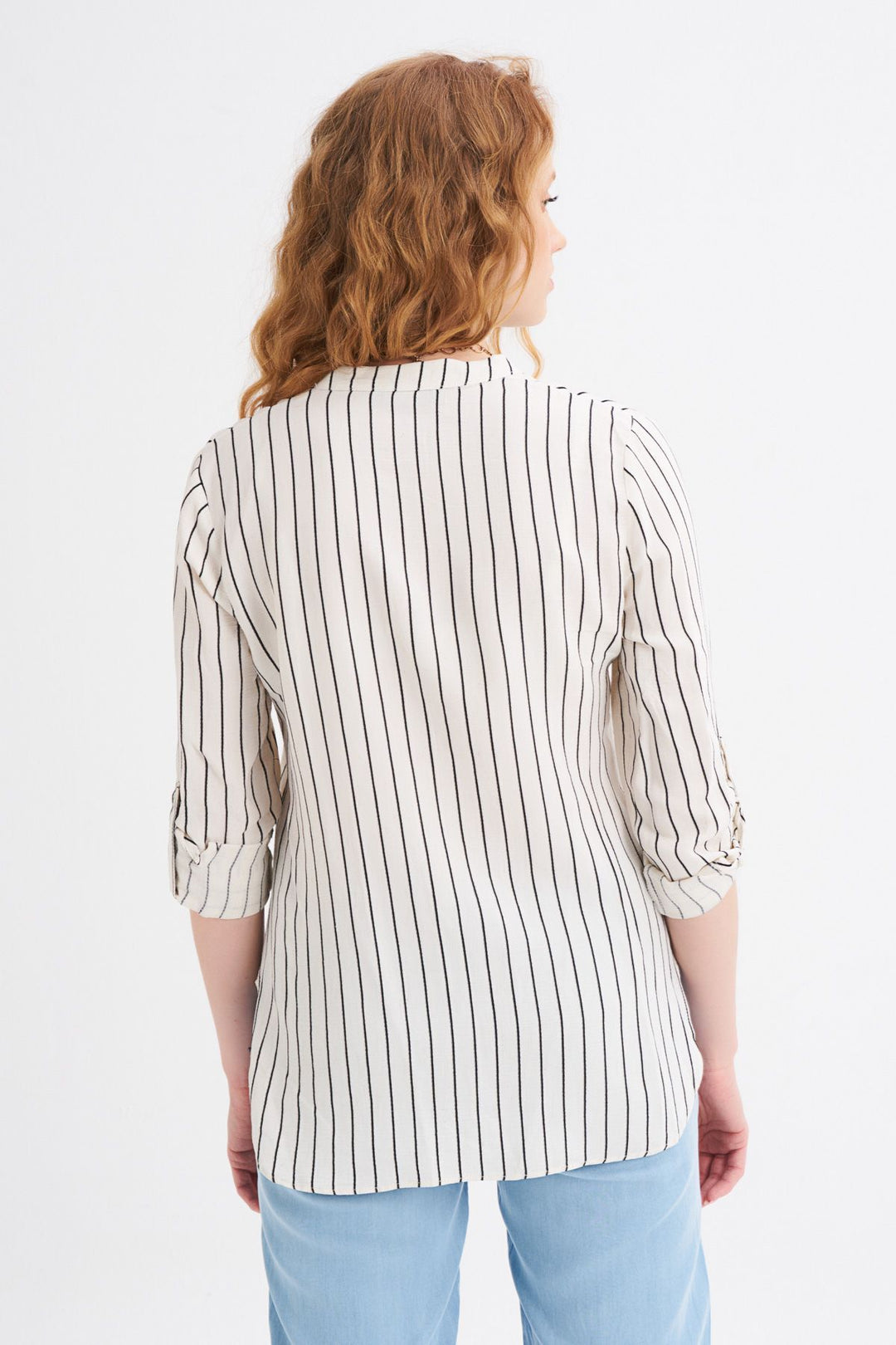 Çizgili Cepli Keten Gömlek Siyah