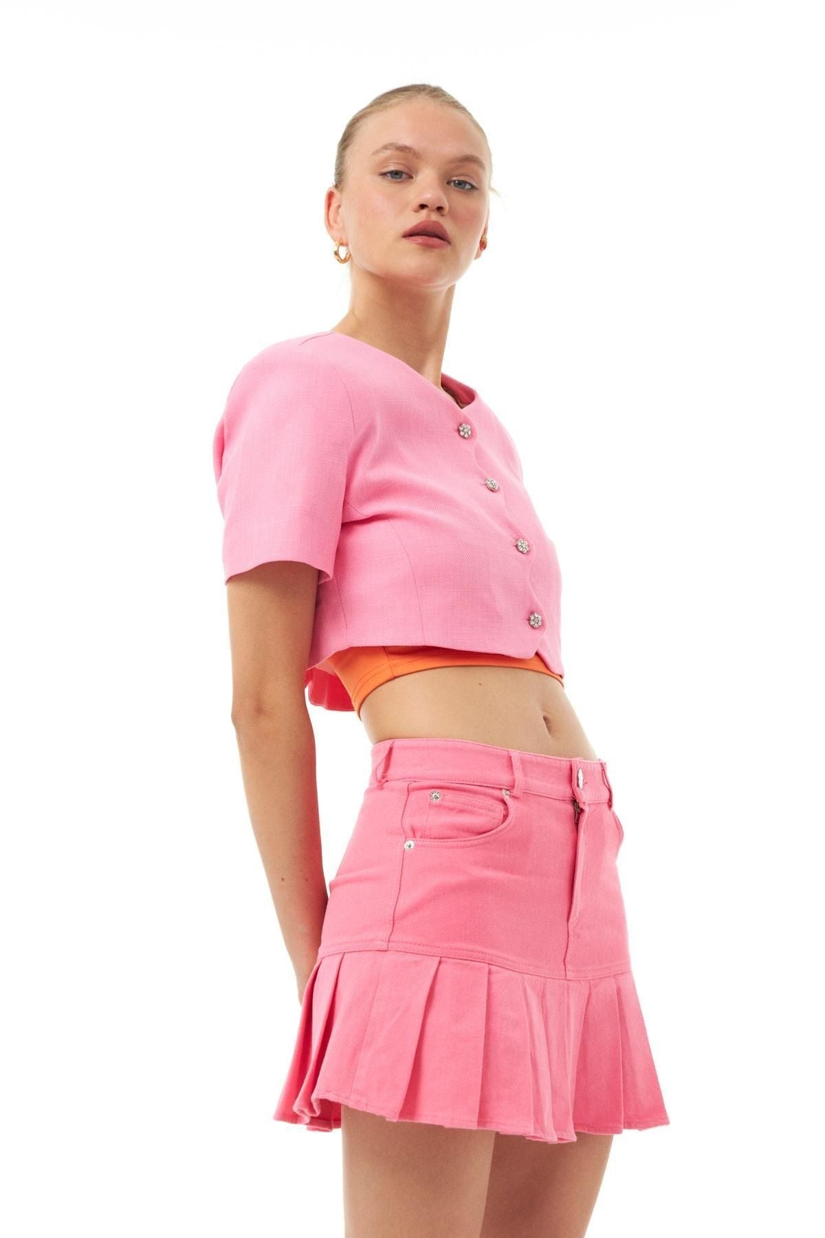 Pileli Mini Gabardin Etek Şeker Pembe