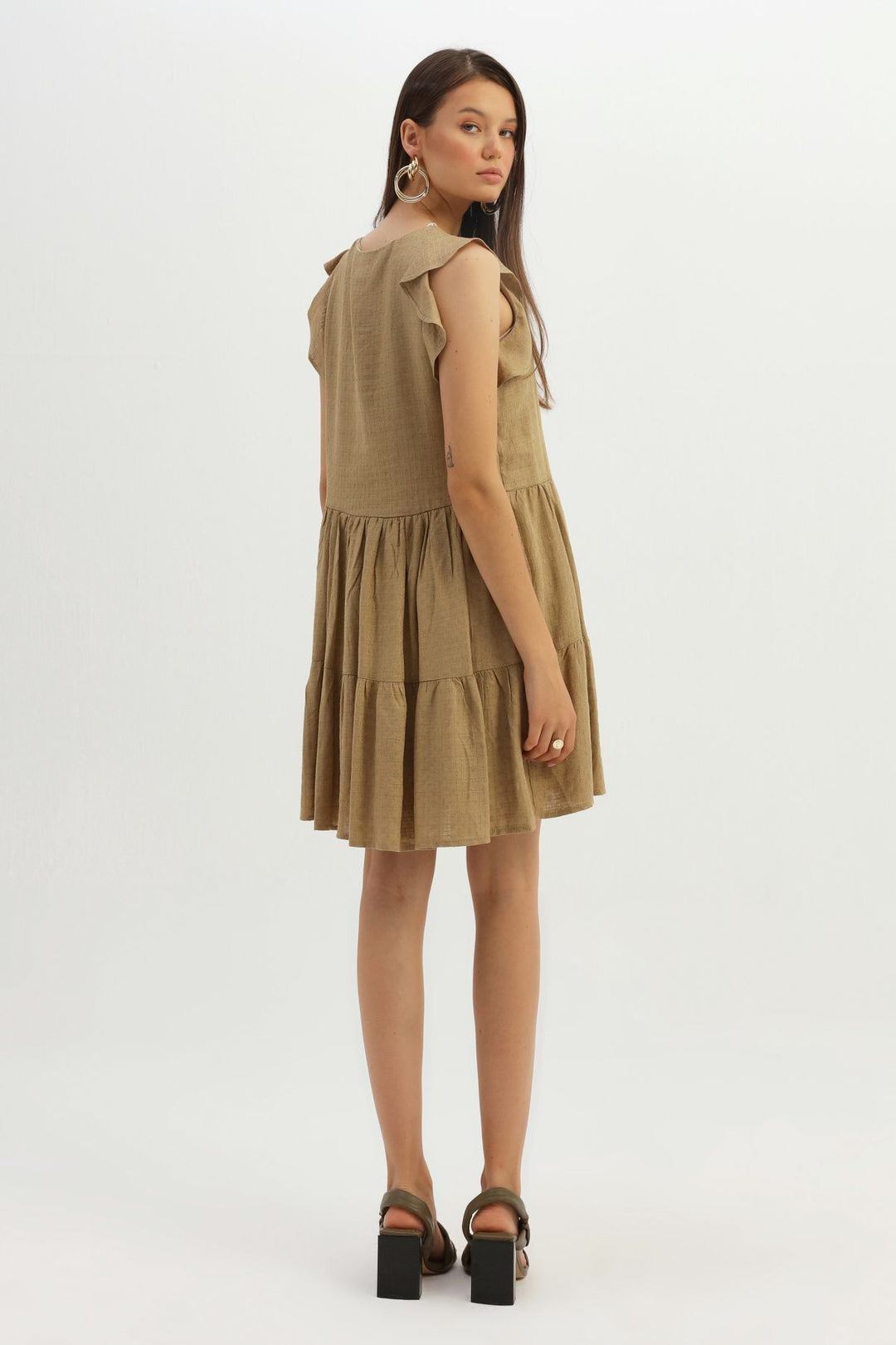Frilly V Neck Linen Dress Camel