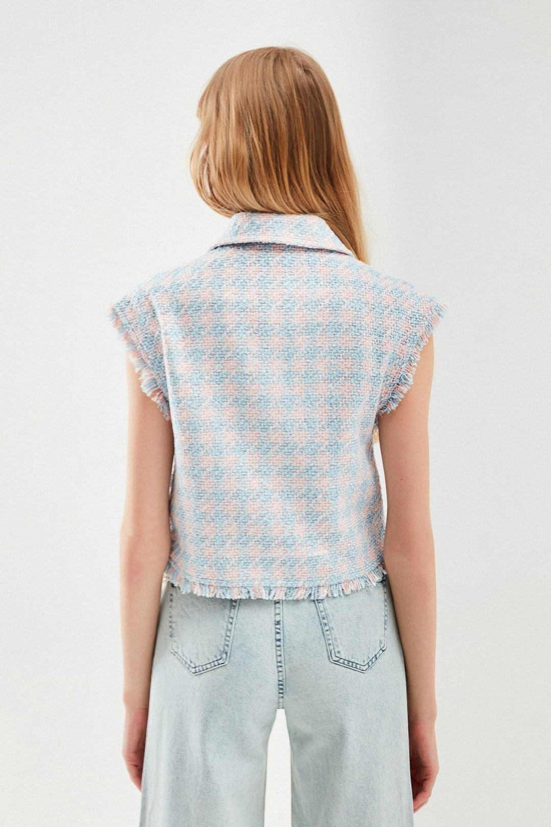 Tasseled Plaid Vest Jacket Powder