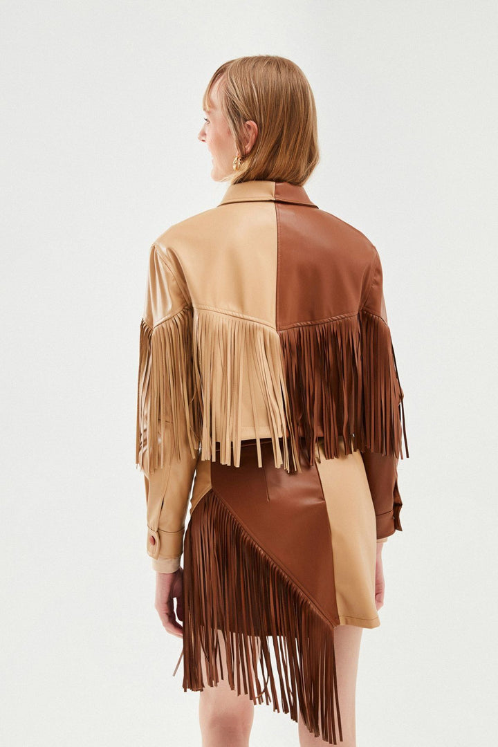 Two Color Tasseled Leather Jacket Brown