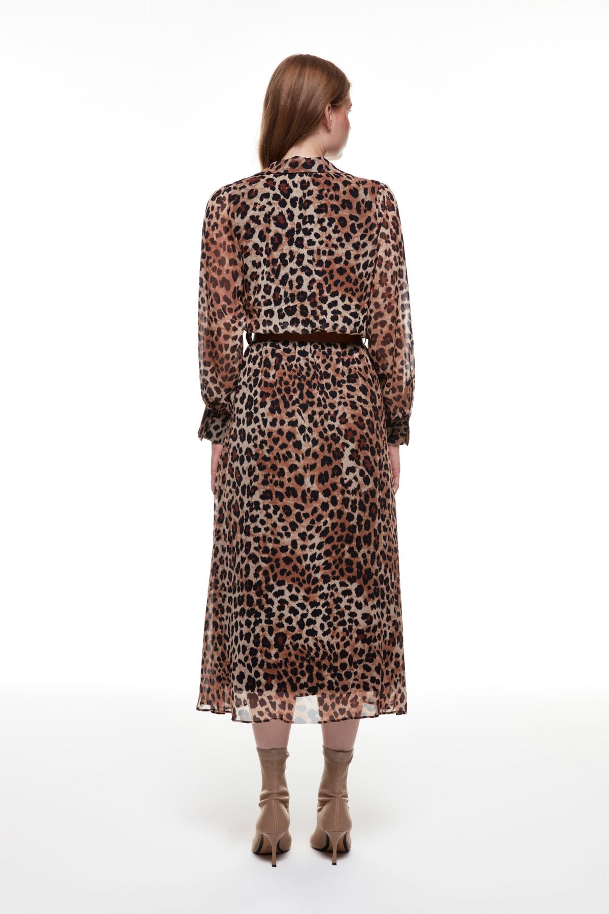 Leopard Long Dress Brown with Belt Detail