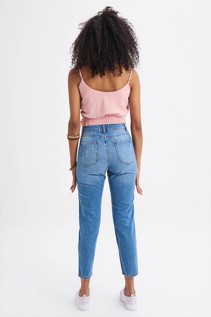 Yanları Beyaz Şeritli Kot Pantolon Mavi