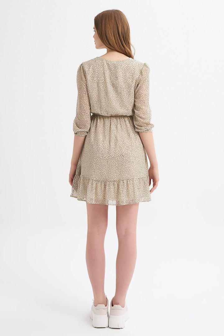 Patterned V-Neck Button Detailed Dress Beige