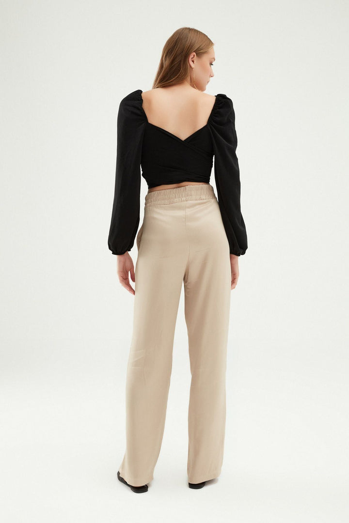 Beli Lastikli Saten Pantolon Taş