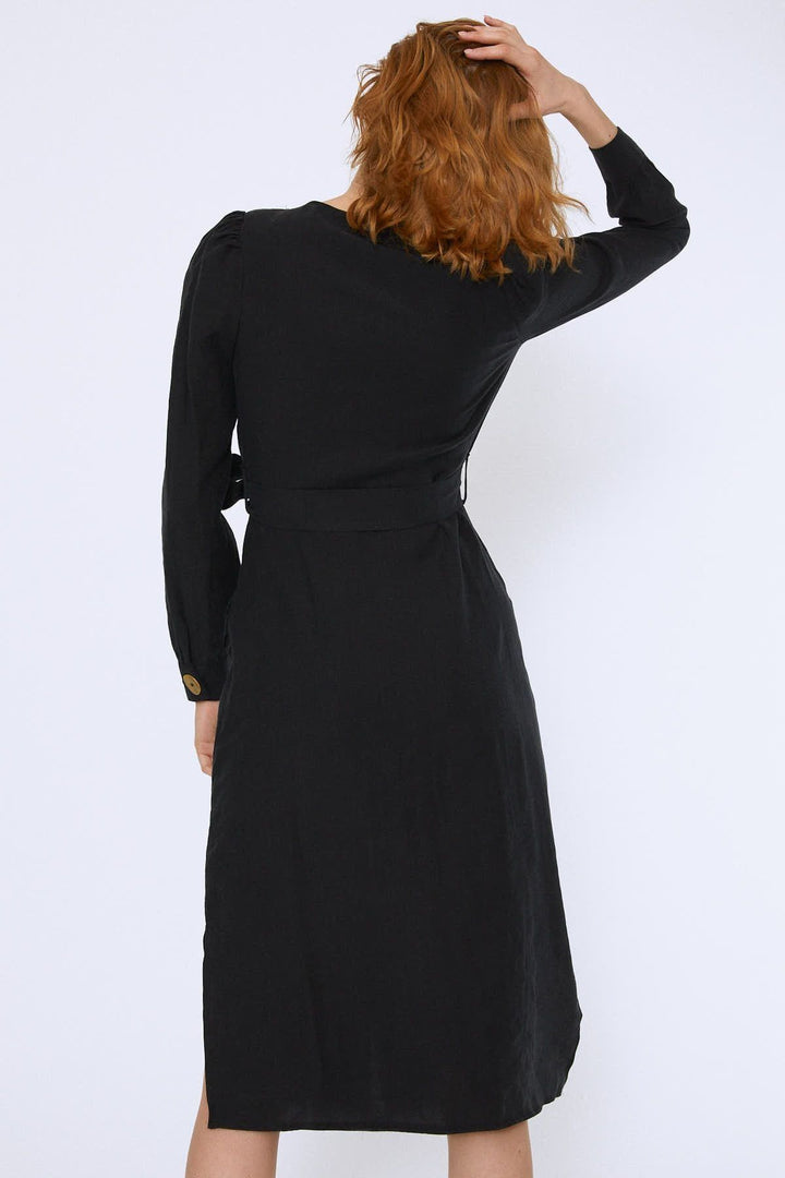 Button Front Belted Dress Black