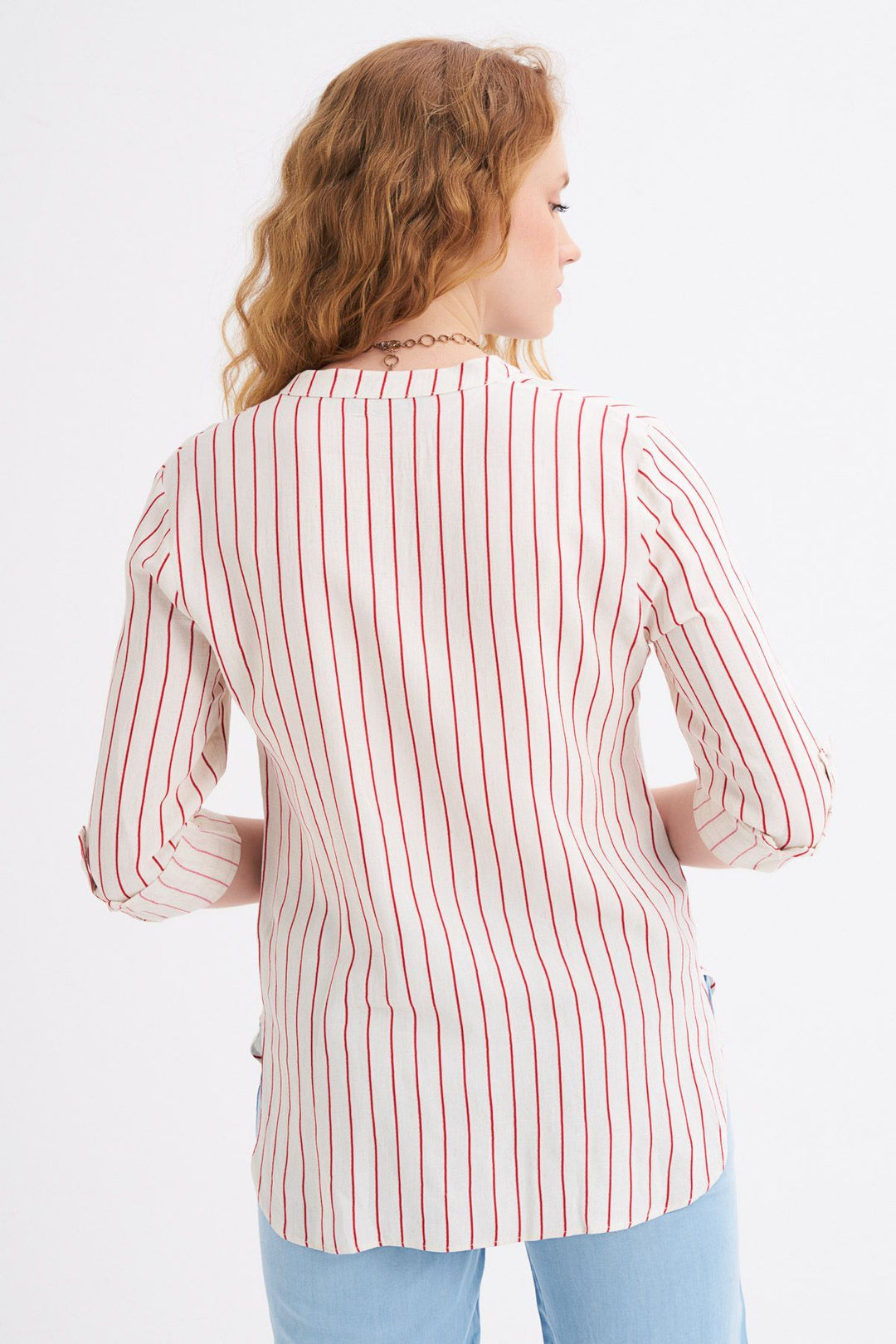 Çizgili Cepli Keten Gömlek Kırmızı