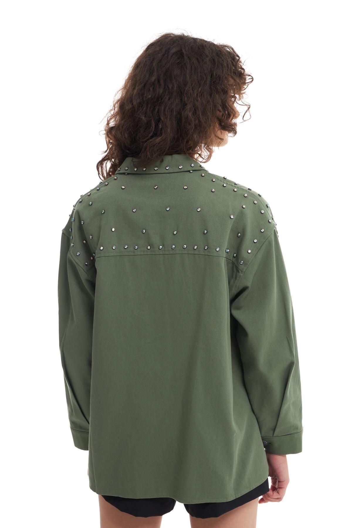 Stone Detailed Oversize Jacket Khaki