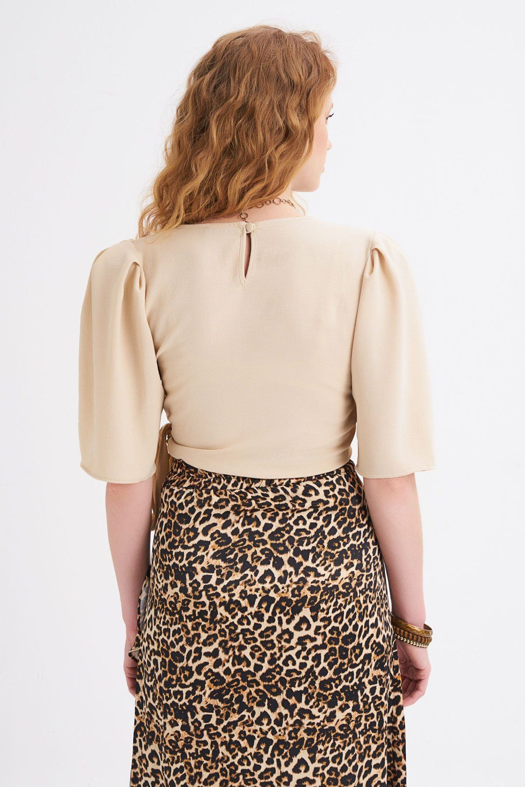 Side Tie Waistband Blouse Beige