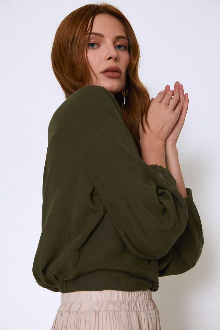 Lastikli Kol Beli Düğümlü Gömlek Haki