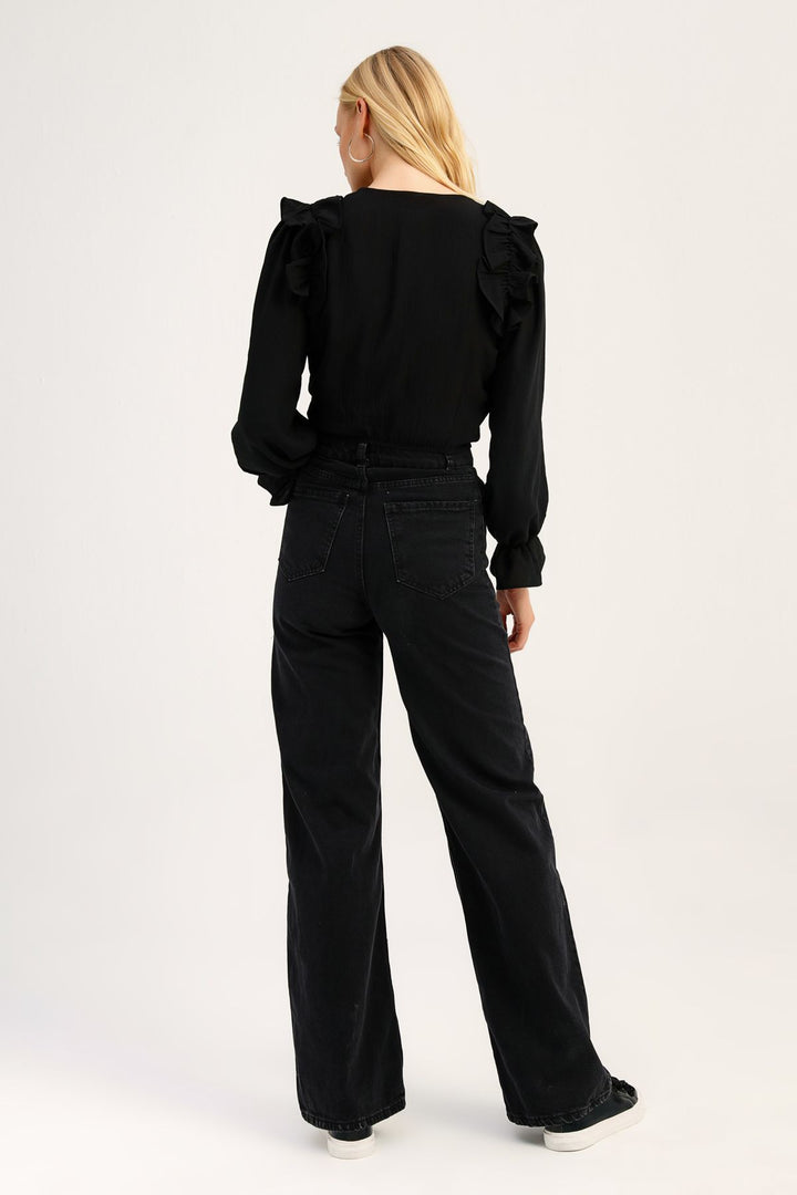 Double Breasted Ruffle Crop Blouse Black
