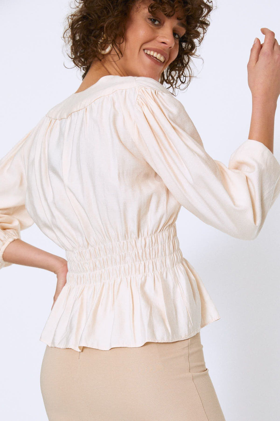 Long Sleeve Blouse Bone Gippled Waist