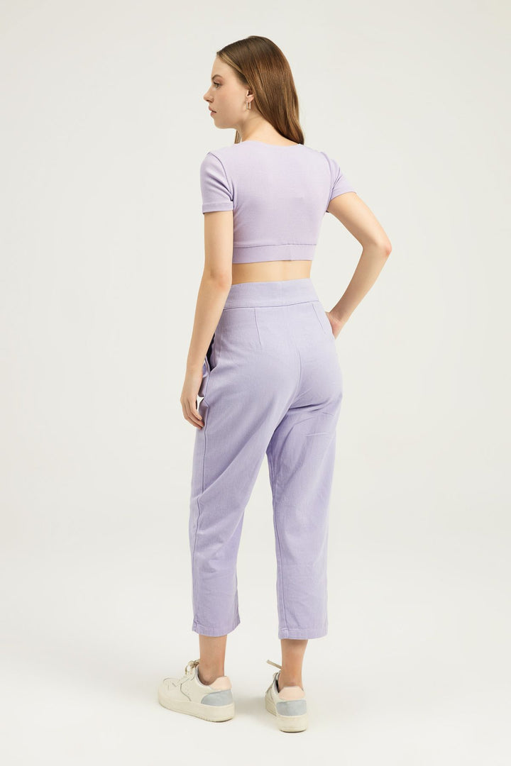 Tokalı Gabardin Yüksek Bel Pantolon Lila
