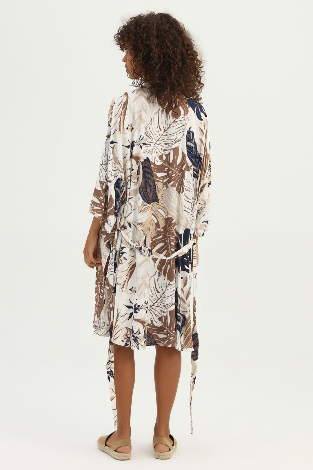 Desenli Beli Bağlamalı Kimono Kahverengi