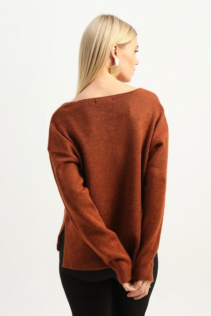 V-Neck Sweater with Side Slits Brown