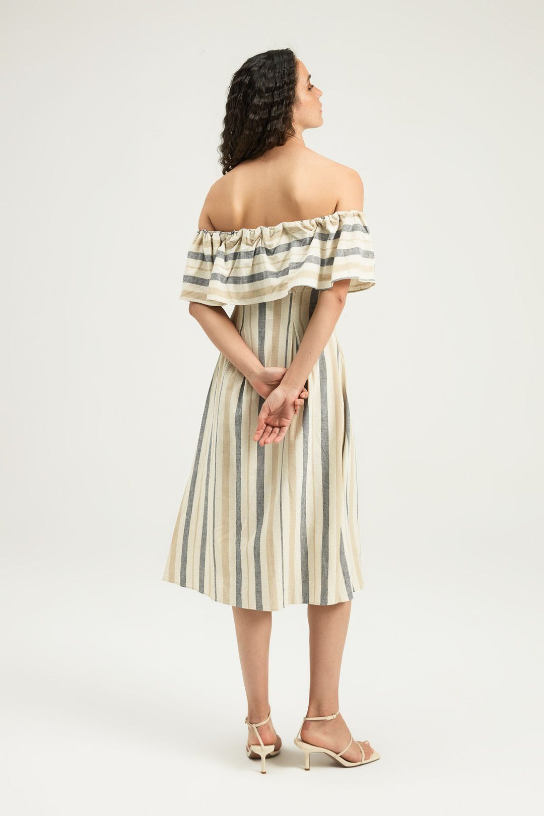 Striped Ruffle Linen Dress Beige