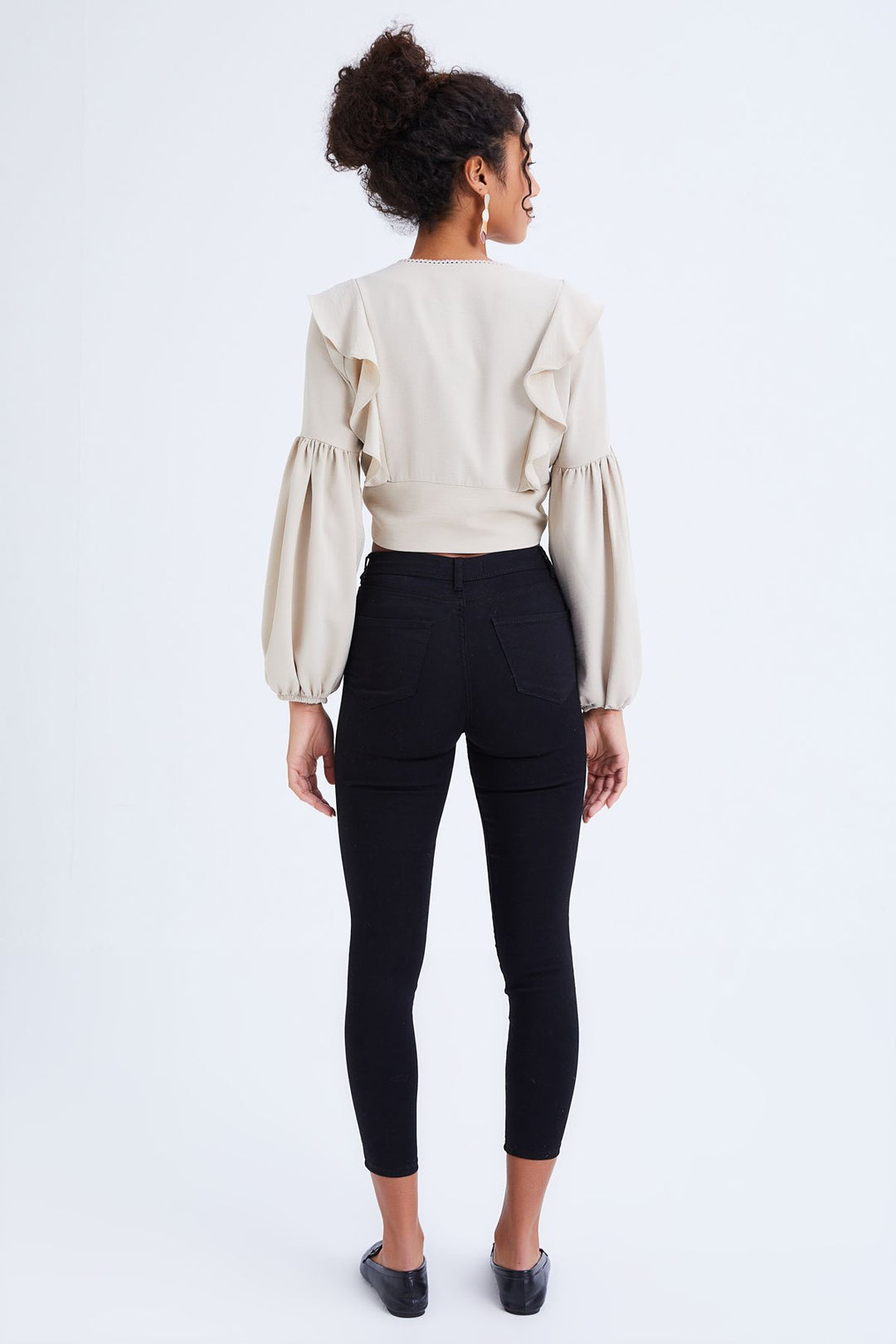 Button Front V-Neck Ruffle Blouse Stone