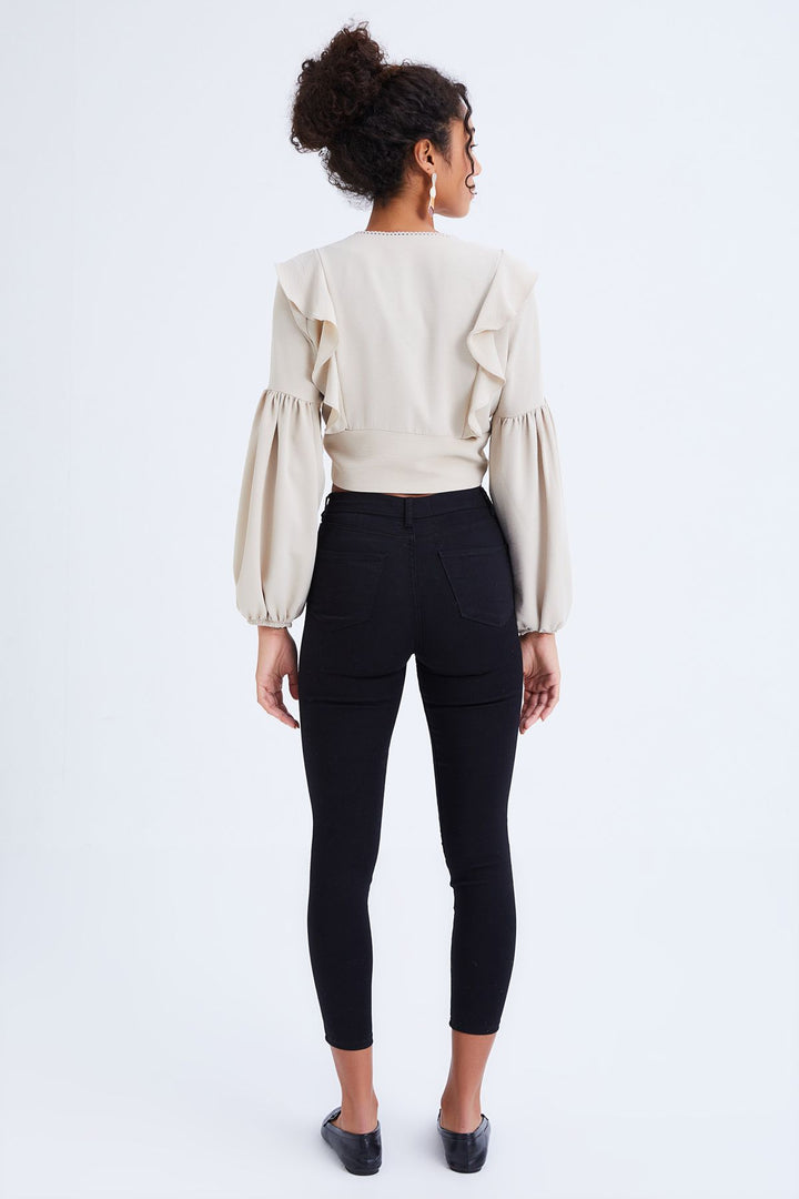 Button Front V-Neck Ruffle Blouse Stone