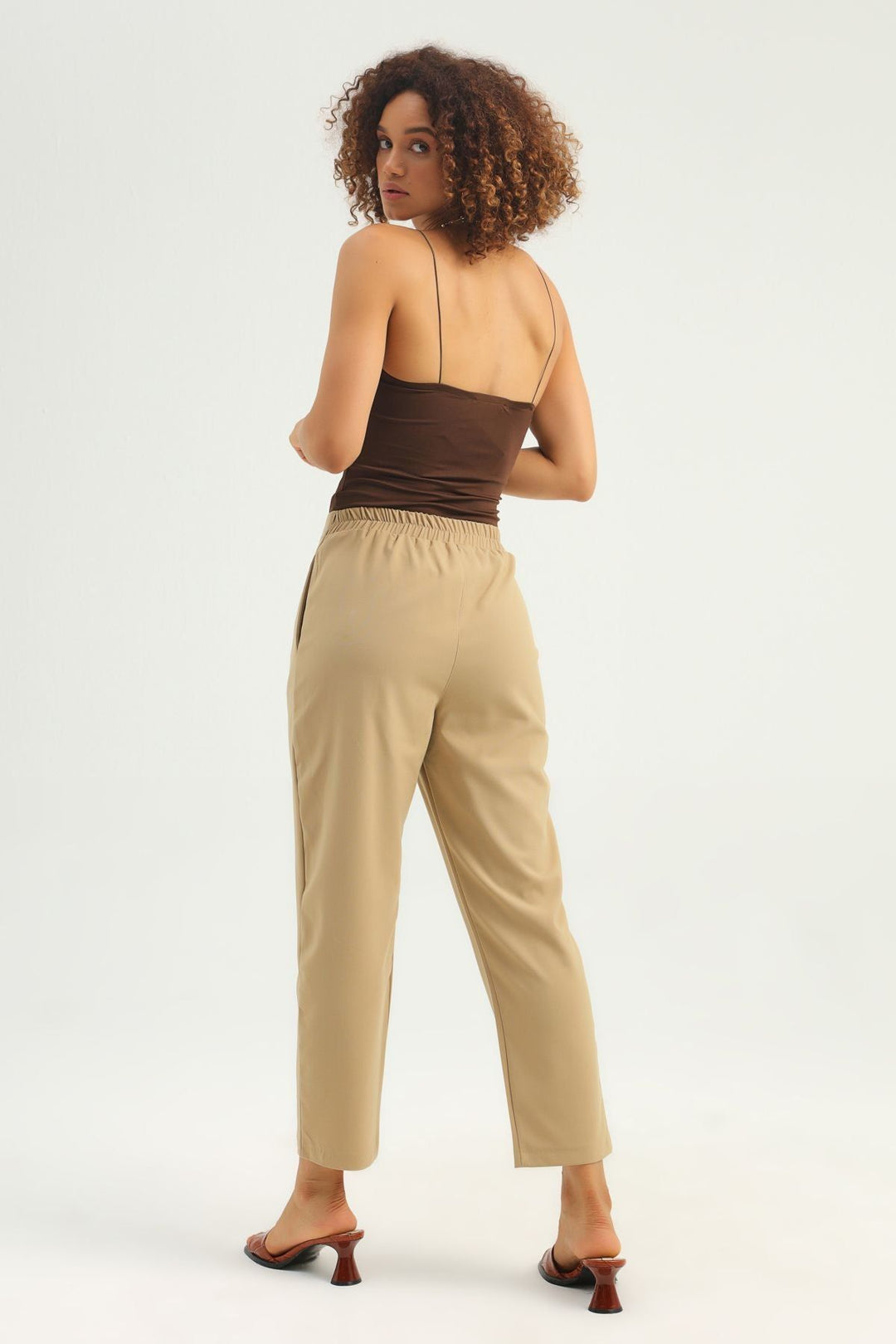 Yüksek Bel Beli Lastikli Pantolon Taş