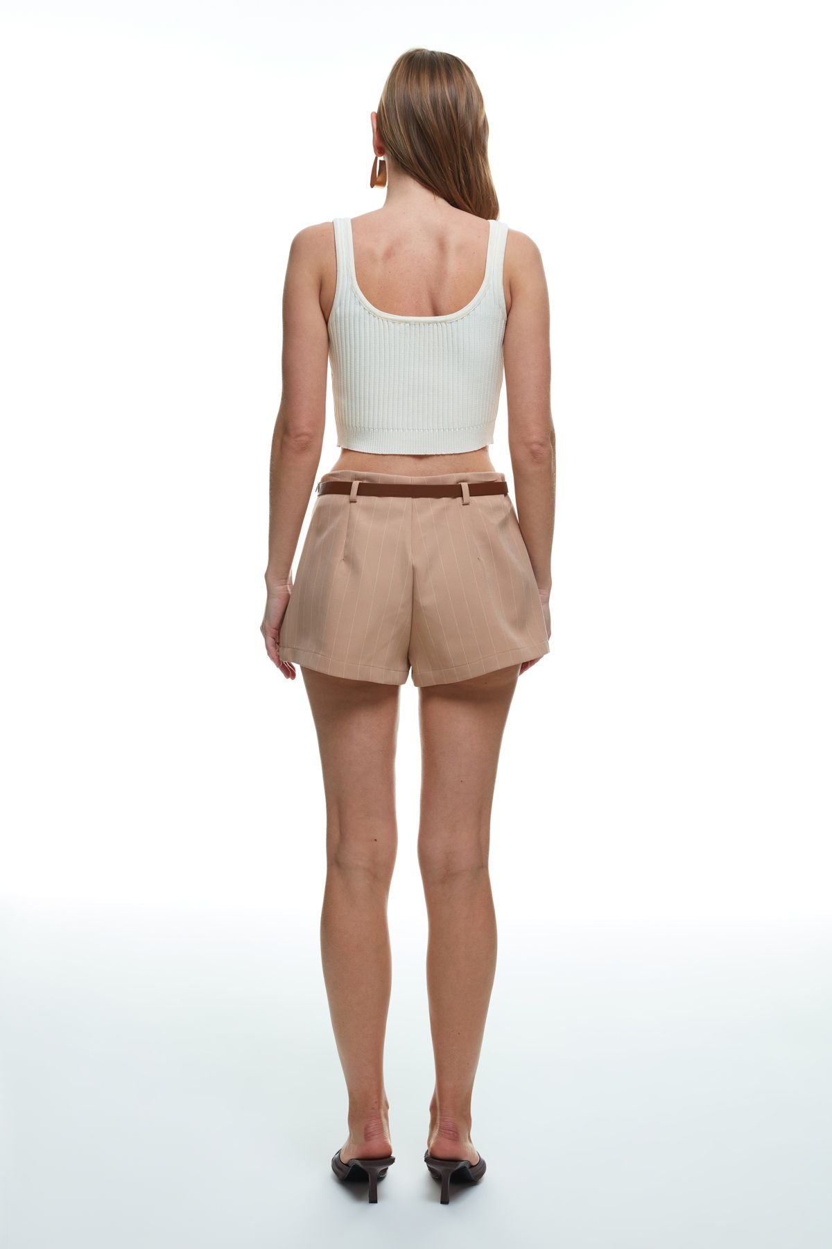 Belt Detailed Striped Short Skirt Beige