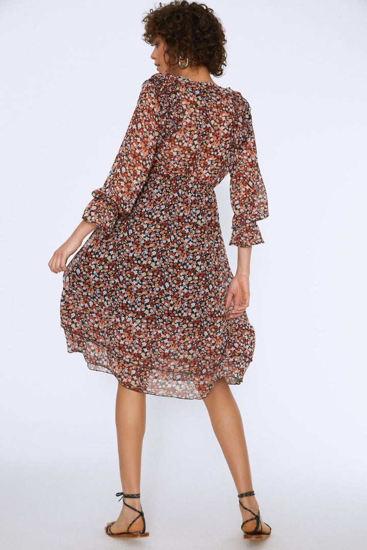 Önü Düğmeli Beli Lastikli Midi Elbise Oranj