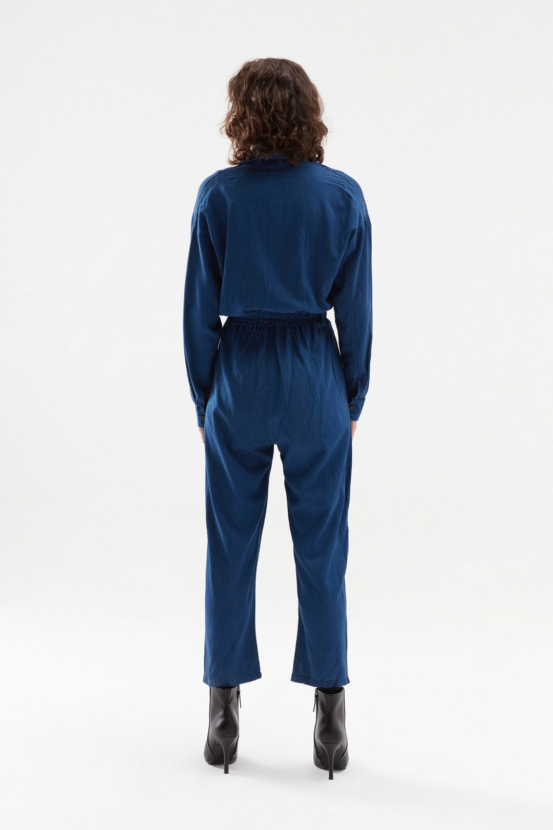 Belted Shirt Collar Jumpsuit Indigo