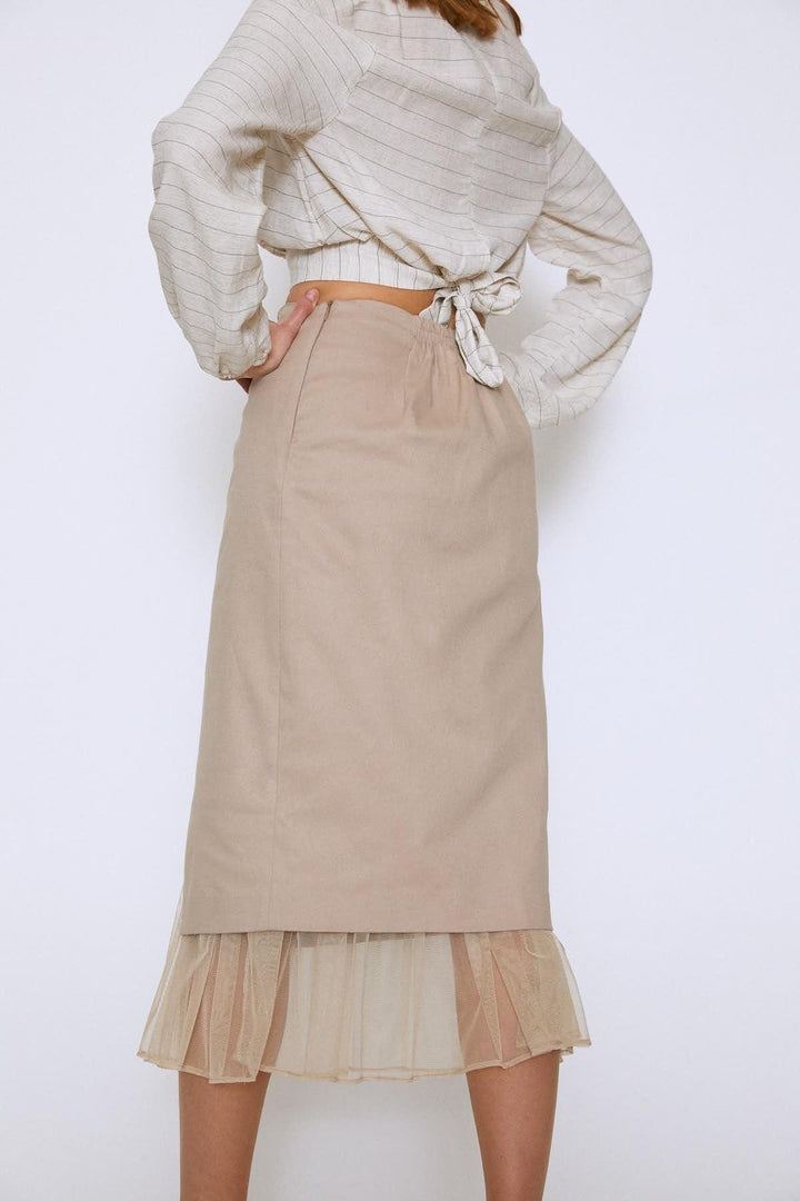 Six Tulle Midi Skirt Beige