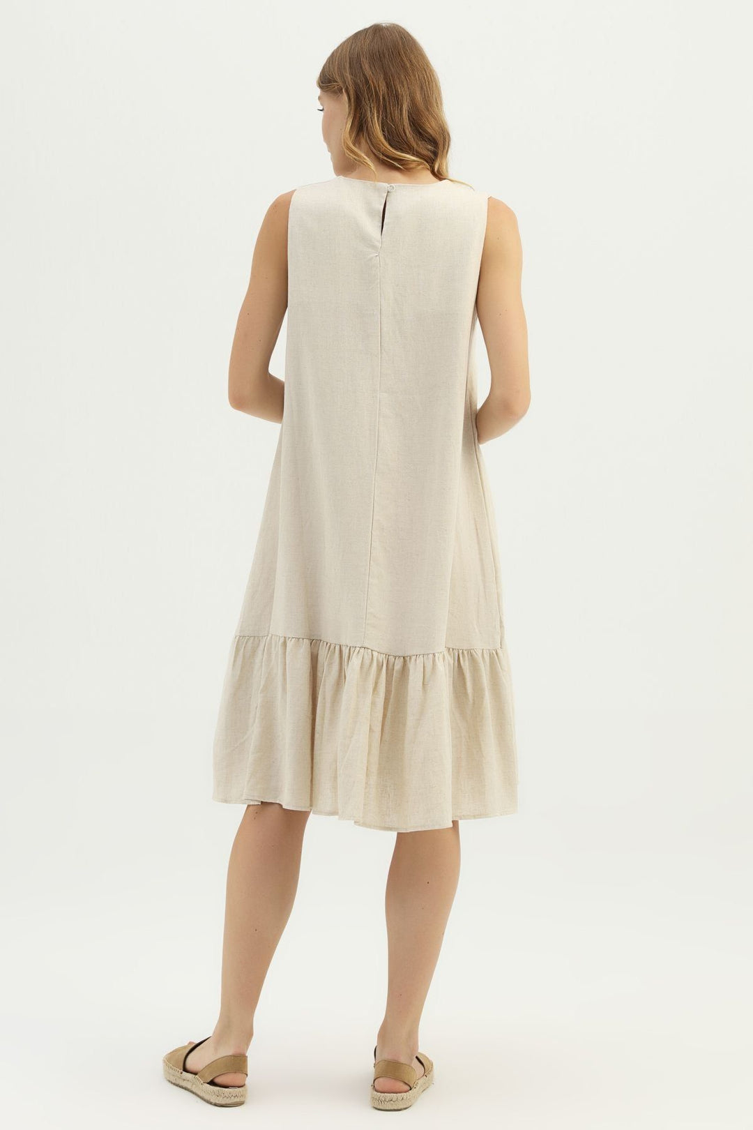 Frilly Hem Linen Dress Natural