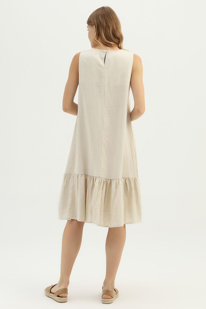Frilly Hem Linen Dress Natural