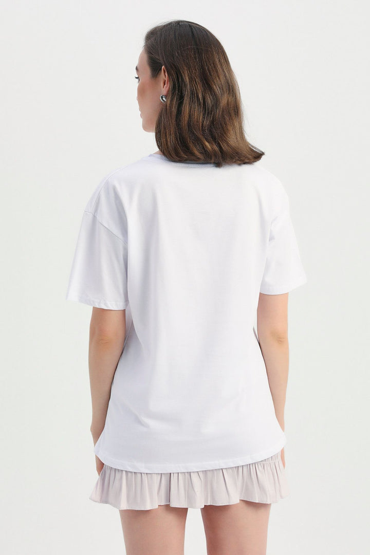 Çiçek Baskılı Tişört Beyaz