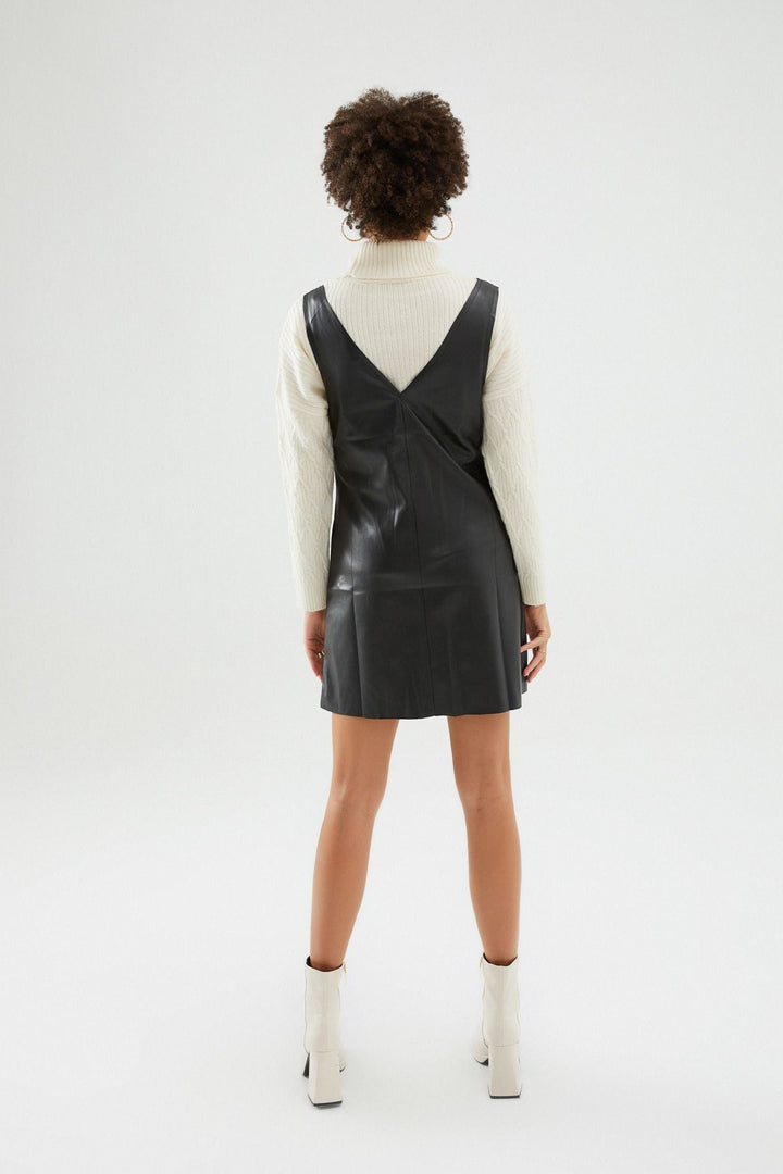 V Neck Leather Dress Black