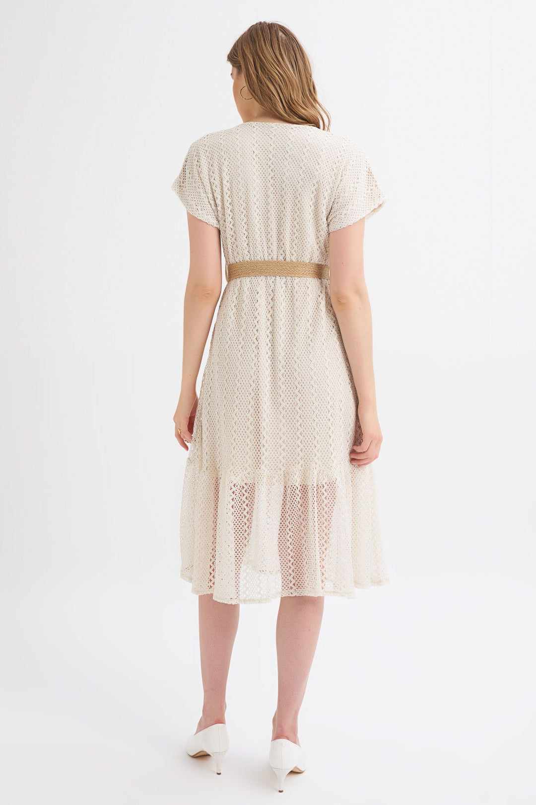 Straw Belt Double Breasted Sleeveless Dress Ecru