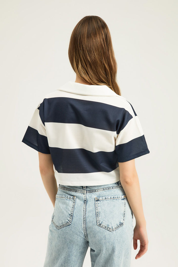Polo Neck Striped Crop Blouse Navy