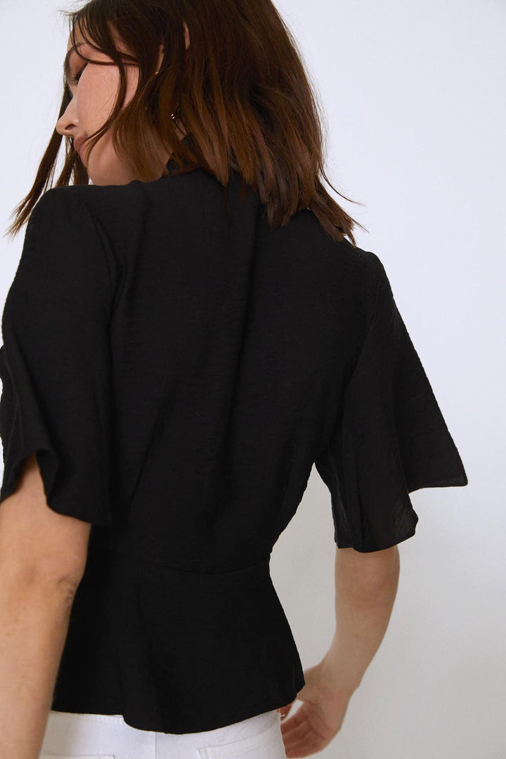 V Yaka Bağlamalı Bluz Siyah