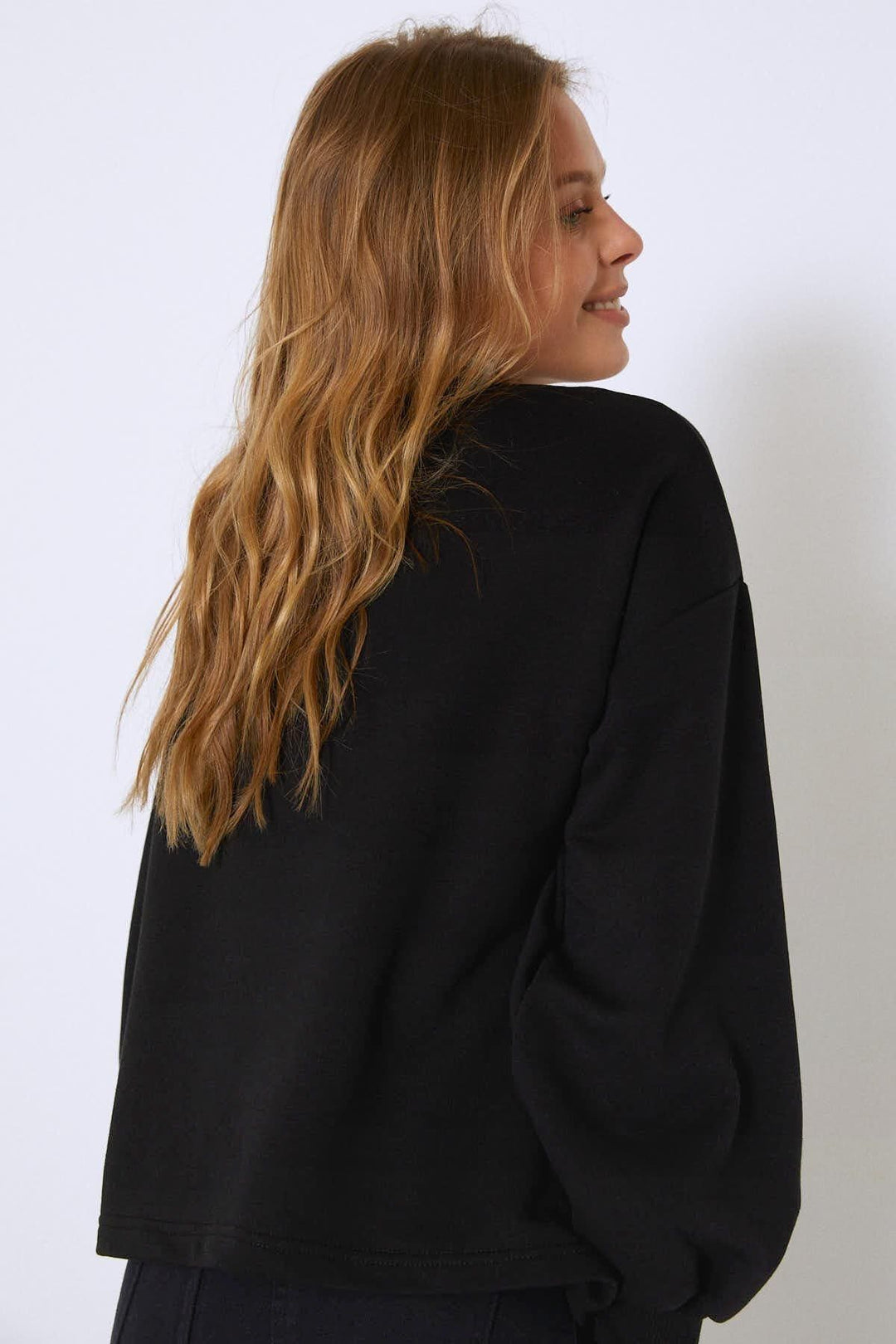 Balloon Sleeve Embroidered Sweatshirt Black