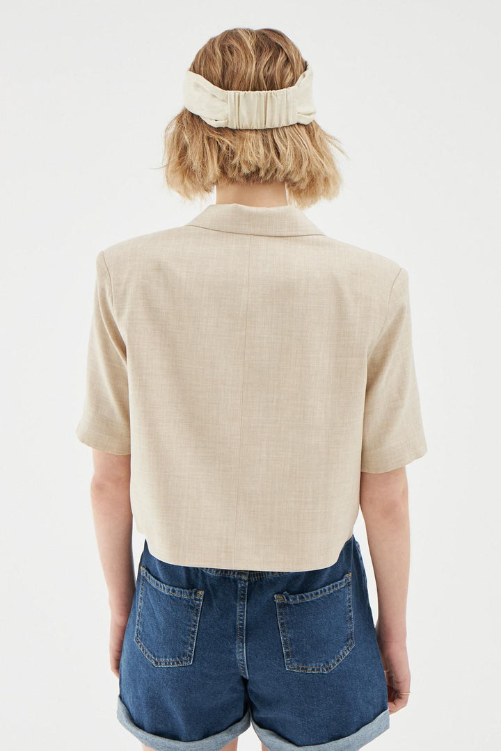 Vatkalı Crop Blazer Ceket Taş