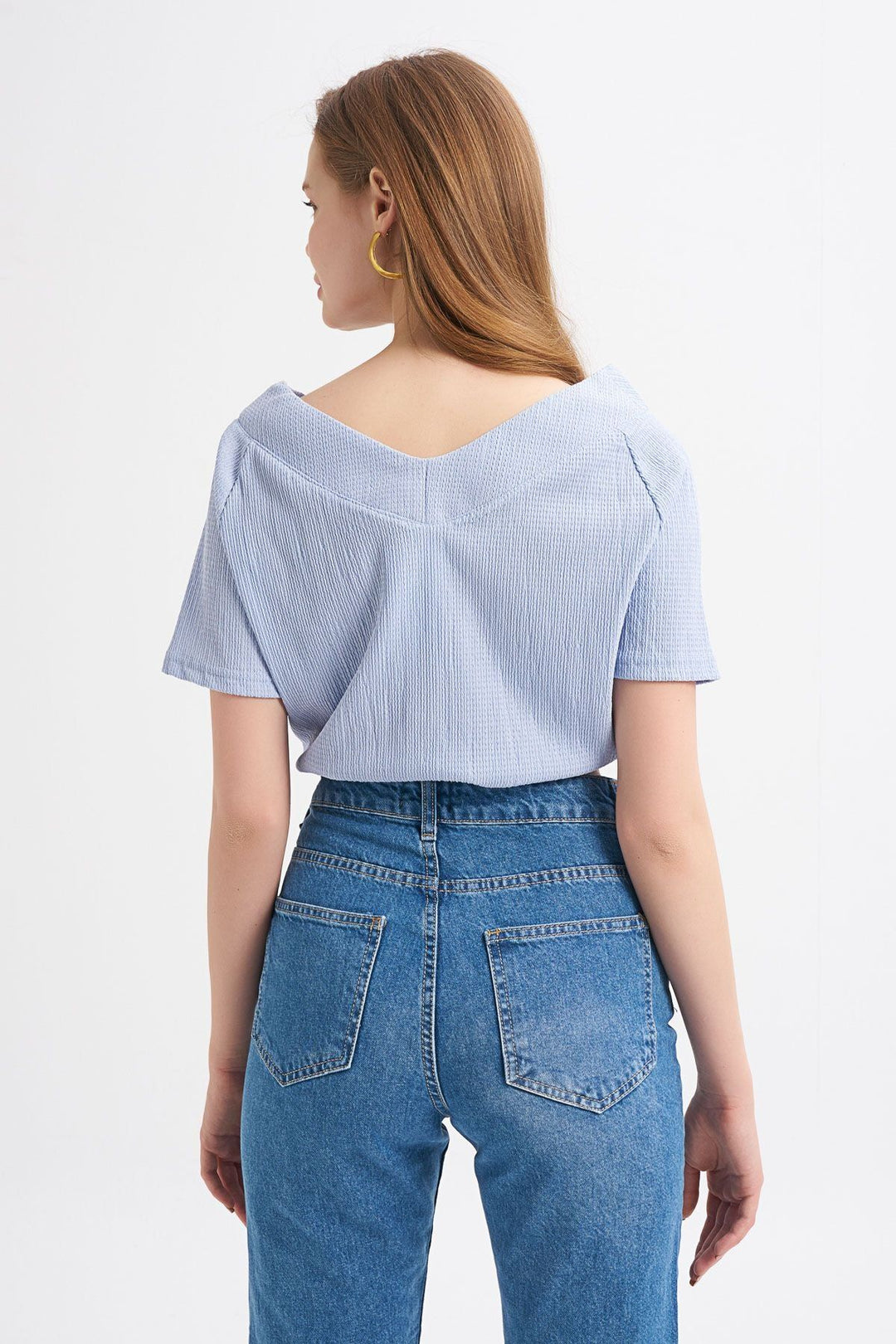 Bağlama Detaylı V Yaka Bluz Mavi