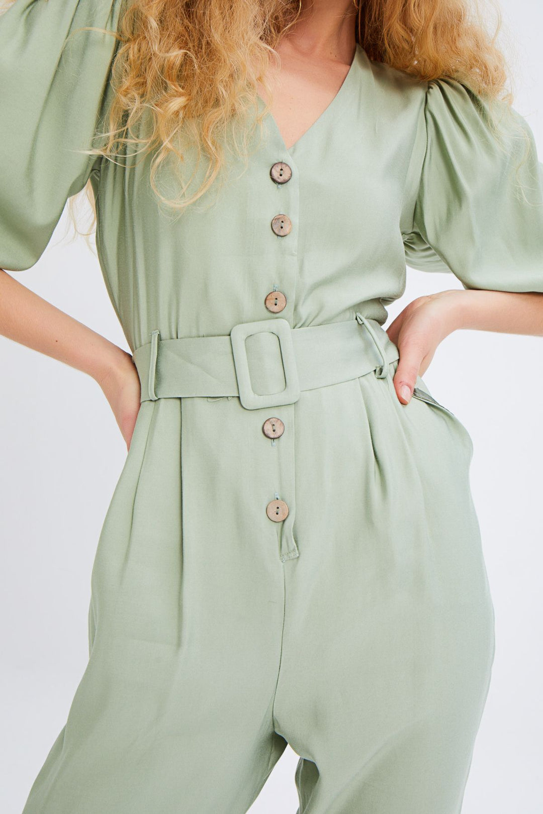 V Neck Waist Belted Jumpsuit Mint