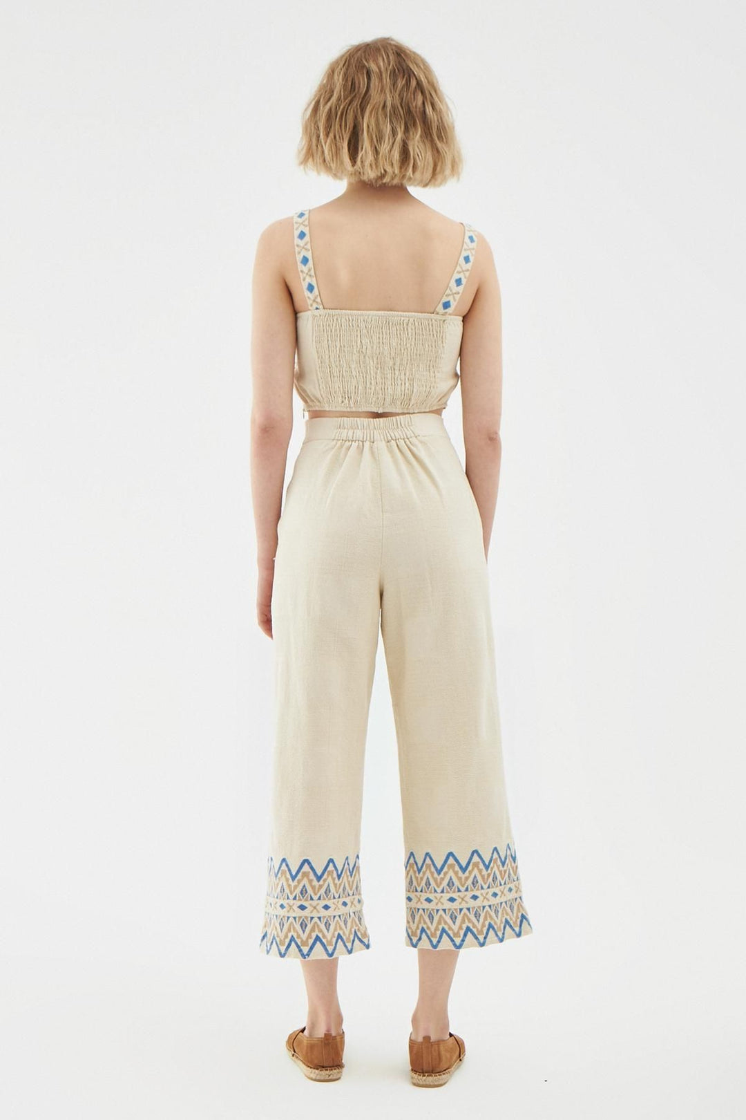 Paçası Nakışlı Keten Pantolon Naturel