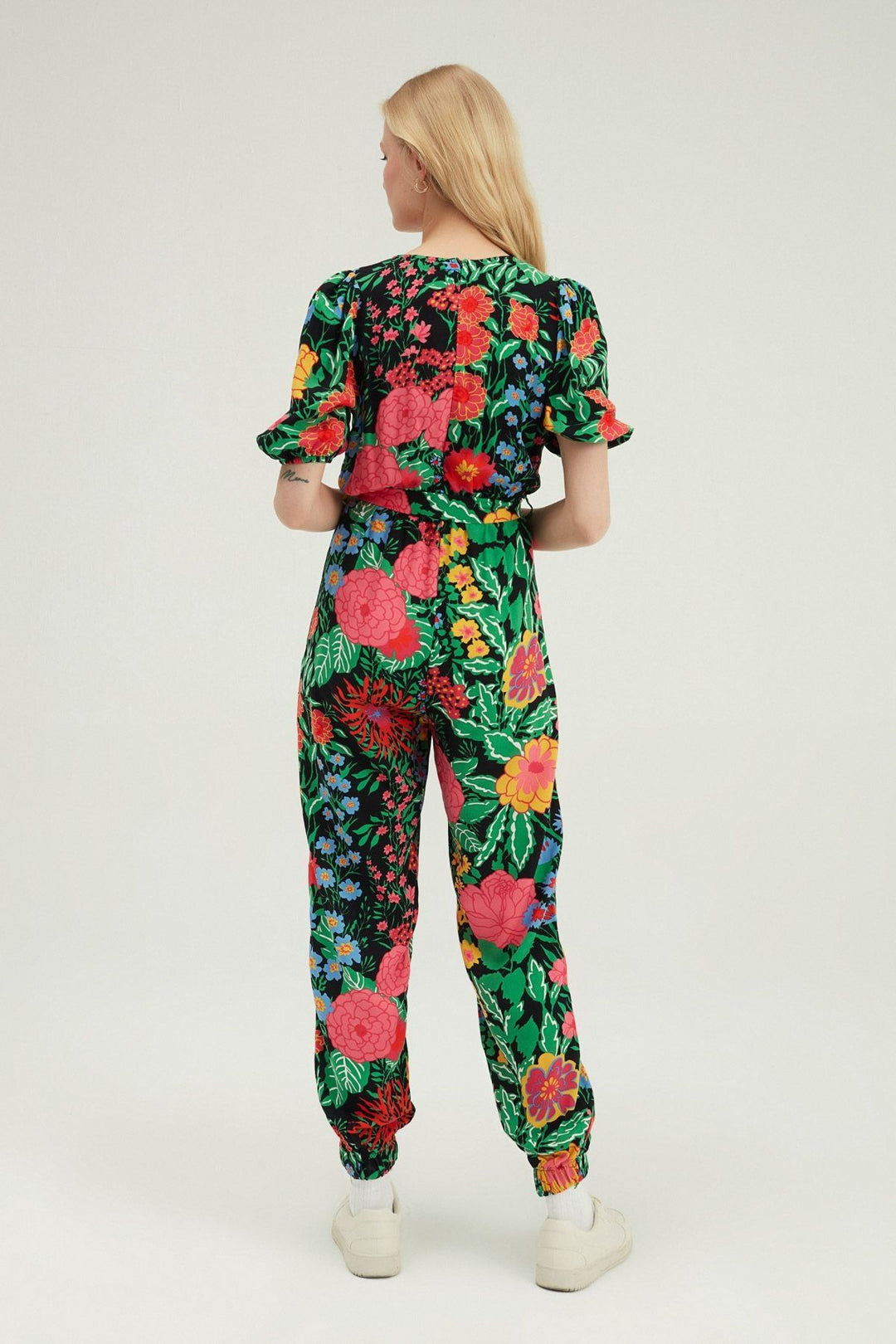 Floral Patterned Double Breasted Jumpsuit Black