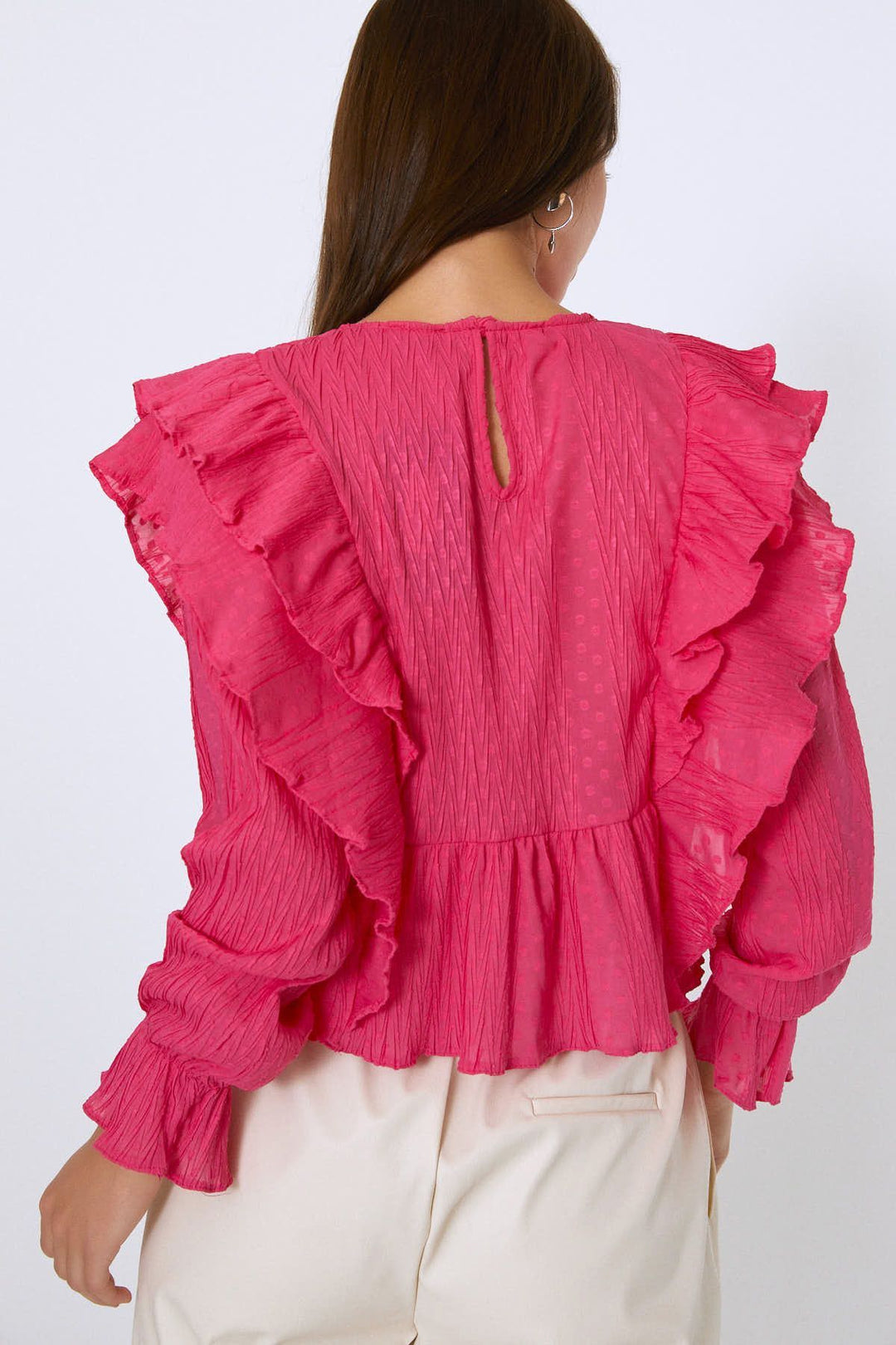 Fırfırlı Uzun Kol Bluz Fuşya