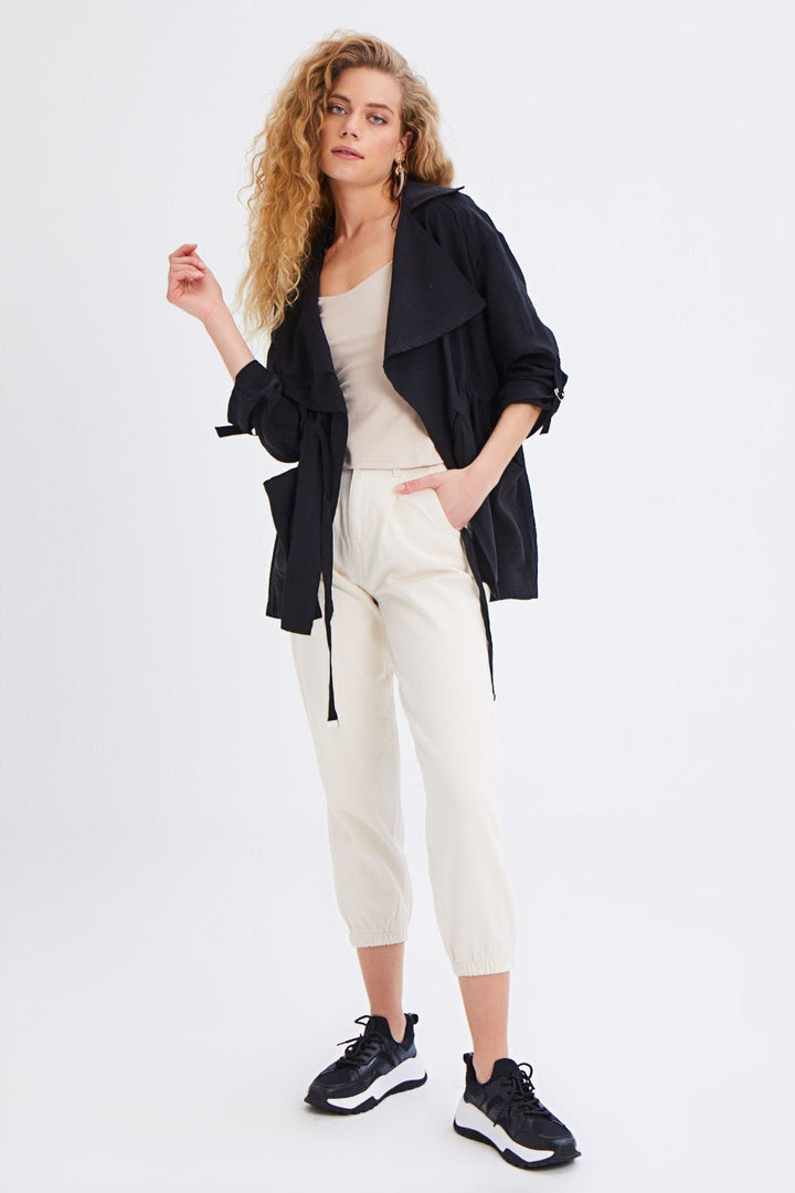 Beli Büzgülü V Yaka Ceket Siyah