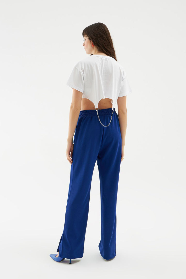 Slit Elastic Waist Trousers Sax