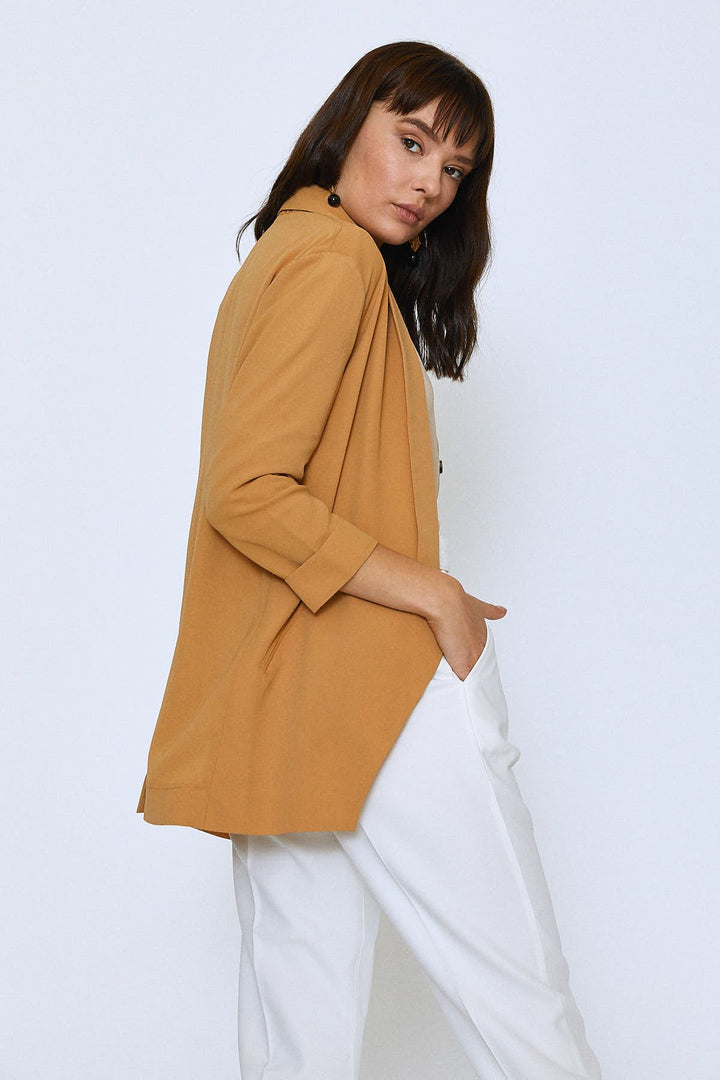 Şal Yaka Fileto Cepli Ceket Camel