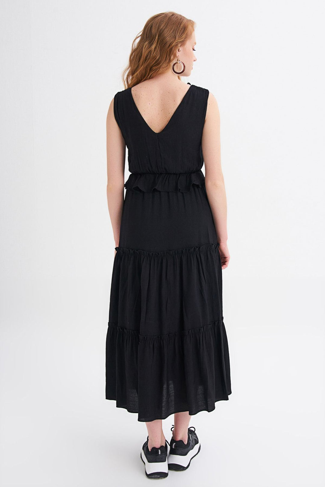 V Yaka Hasır Kemer Detaylı Elbise Siyah